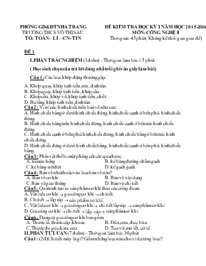 Đề kiểm tra học kỳ I năm học 2015 - 2016 môn Công nghệ 8
